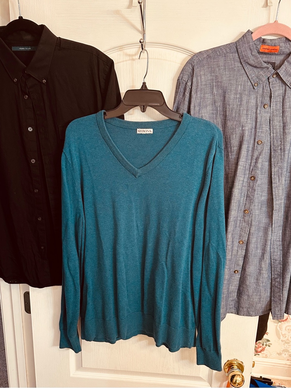 Set of 3 Mens Shirt Perry Ellis Short Sleeve, Teal V-Neck Sweater, St Johns Bay